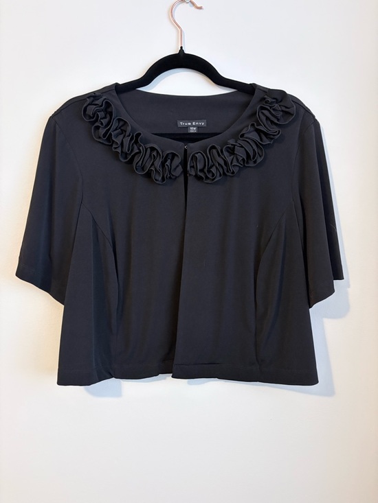 True Envy Tops - True Envy Black Ruffle Neck Open Front Top 16W Career Stretch